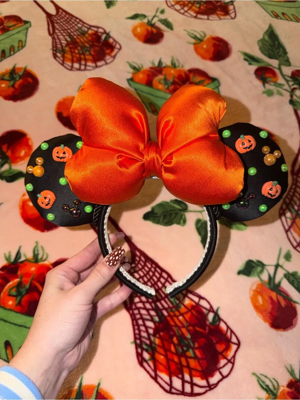 Disney Halloween Minnie Bow Pumpkin Ears Headband Orange Black Green Gems MNSSHP